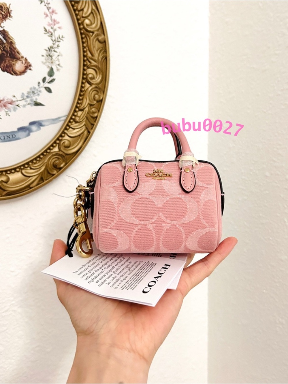 NWT🧸Coach Mini Rowan Bag Charm Signature Denim Light Pink CEU38 Keychain Pouch